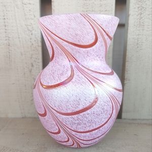 Art Glass Teleflora Pink & Maroon Vase Hand Blown Metallic Swirl Irisdescent